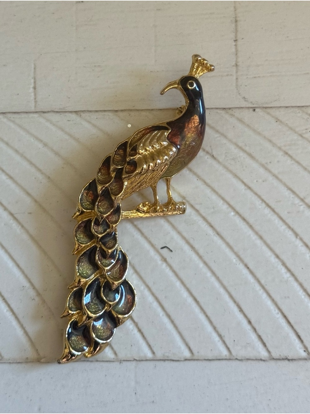 Gold Peacock Bird Brooch - Iridescent Green Accents - Picture 2 of 4
